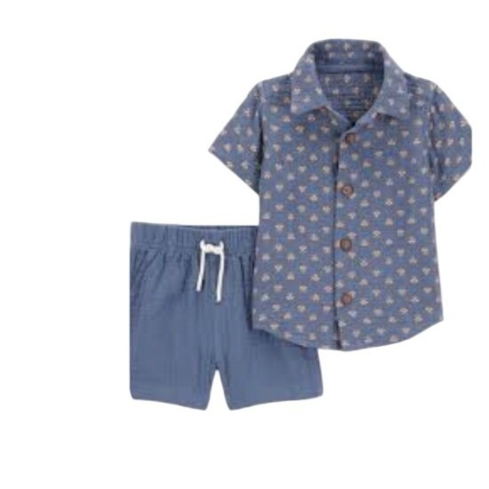 Carters Just One You Baby Boy 18M Blue Gauze Shirt and Shorts 2pc Set NWT